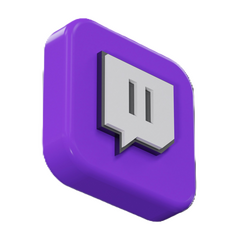 Artist's 3D rendition of the purple, white, and black Twitch logo.